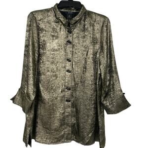 Ali Miles Gold Metallic Shimmer Wire Collar Button Front Blouse 3/4 Sleeve M